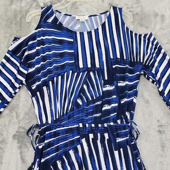 Calvin Klein Dress Womens 8 Blue Cold Shoulder Tassel Tie Waist Stretch Jersey - Picture 2 of 10